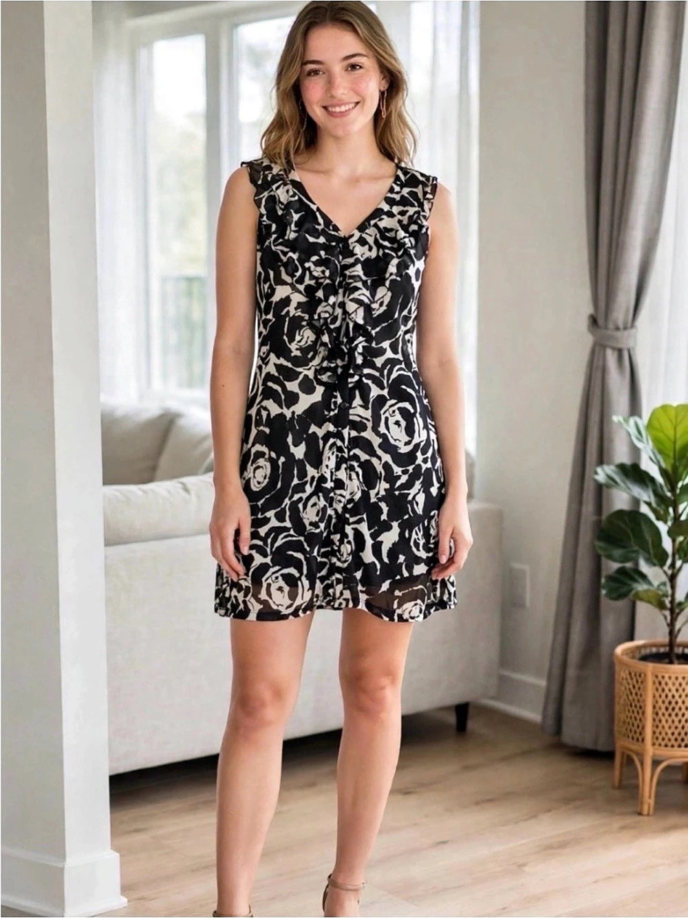 Floral Ruffle Mini Dress in Black & White Like New